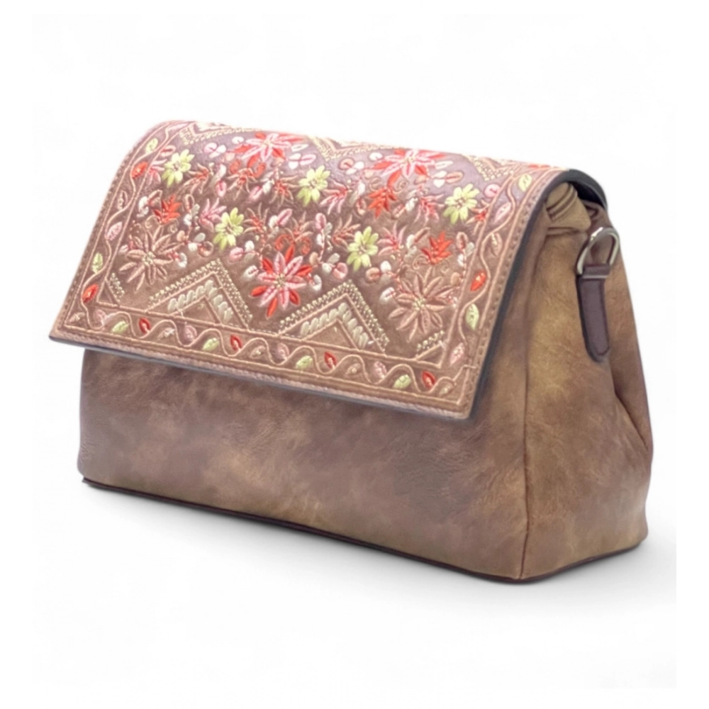 Generic Women's Polyurethane Floral Embroidered Crossbody Sling Bag with Adjustable & Removable Strap (Brown)