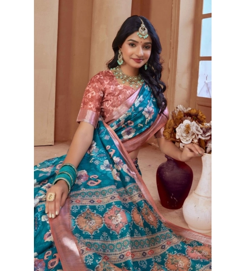Generic Women's Printed Cotton Linen Saree withPrinted  Saree With Unstitched Blouse (Peacook Green, 5-6Mtrs)