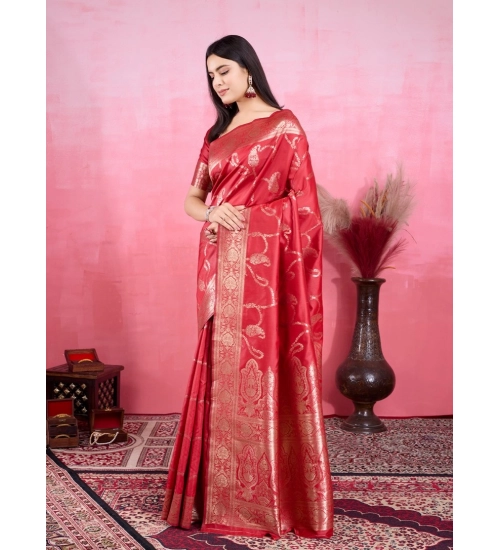 Generic Women's Banarasi Silk Printed Saree With Unstitched Blouse 5.5Mtr (Red)