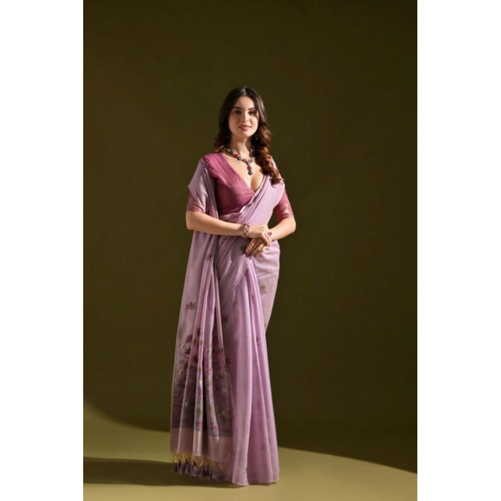Generic Women's Blended_Cotton Floral Saree With Unstitched Blouse 5.5Mtr (Lavender)