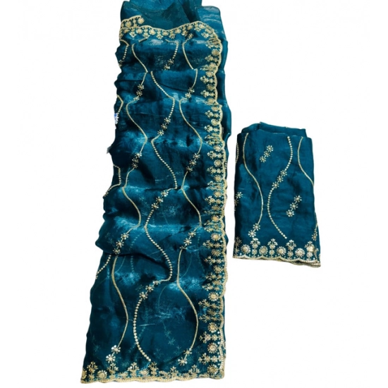 Generic Women's Slik Embellished Saree With Unstitched Blouse 5.5Mtr (Teal)