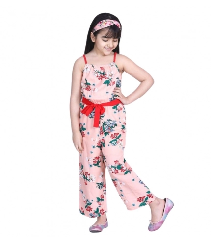 Generic Girl's Polyester Crepe Floral Shoulder Straps Jumpsuit (Peach-Red)