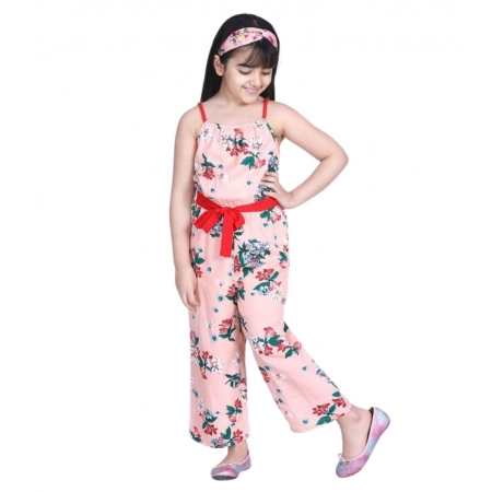 Generic Girl's Polyester Crepe Floral Shoulder Straps Jumpsuit (Peach-Red) Generic Girl's Polyester Crepe Floral Shoulder Straps Jumpsuit (Peach-Red)