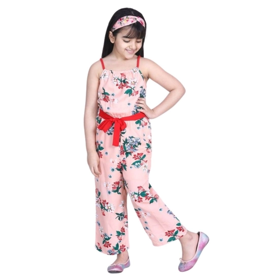 Generic Girl's Polyester Crepe Floral Shoulder Straps Jumpsuit (Peach-Red)