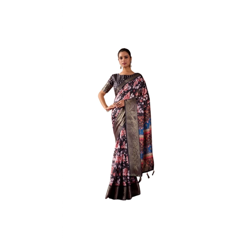 Generic Women's Faux_Silk Printed Saree With Unstitched Blouse 5.5Mtr (Blue)