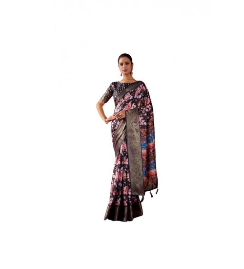 Generic Women's Faux_Silk Printed Saree With Unstitched Blouse 5.5Mtr (Blue)