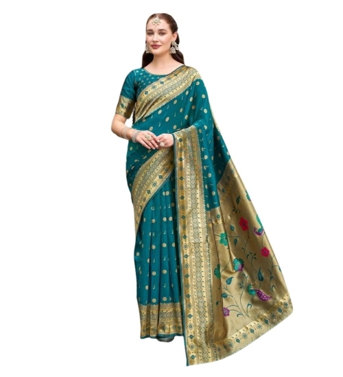 Generic Women's Silk Blend Paithani Weaving Saree With Unstitched Blouse 5.5Mtr (Rama)