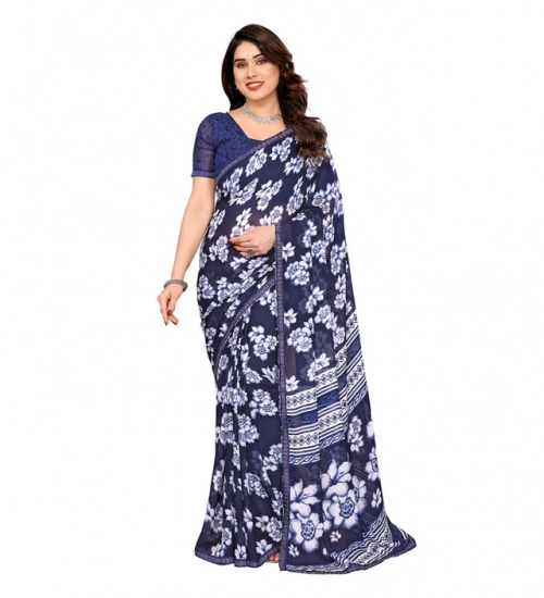 Generic Women's Georgette Printed Saree With Unstitched Blouse 5.5Mtr (Blue)
