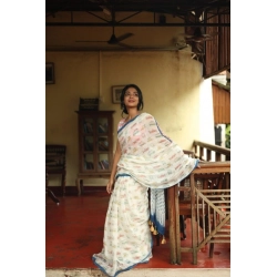 Generic Women's Linen Printed Saree With Unstitched Blouse 5.5Mtr (White)