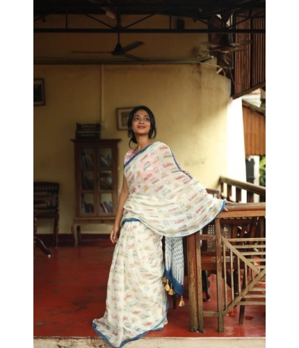 Generic Women's Linen Printed Saree With Unstitched Blouse 5.5Mtr (White)