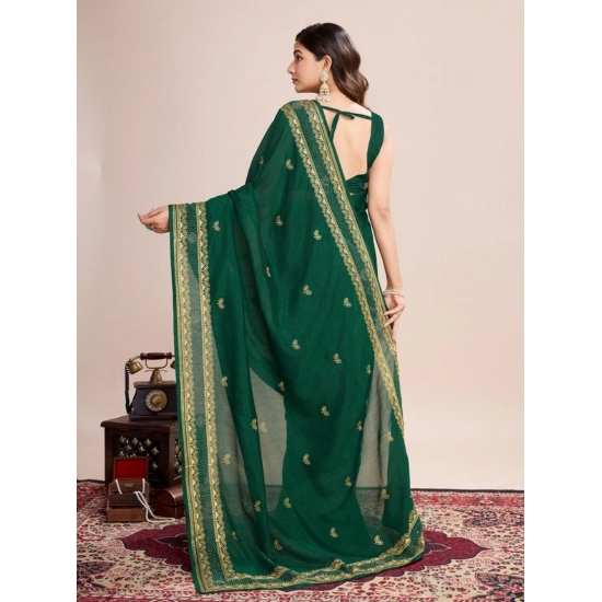 Generic Women's Vichitra Silk Embroidery Work Saree With Unstitched Blouse 5.5Mtr (Green)