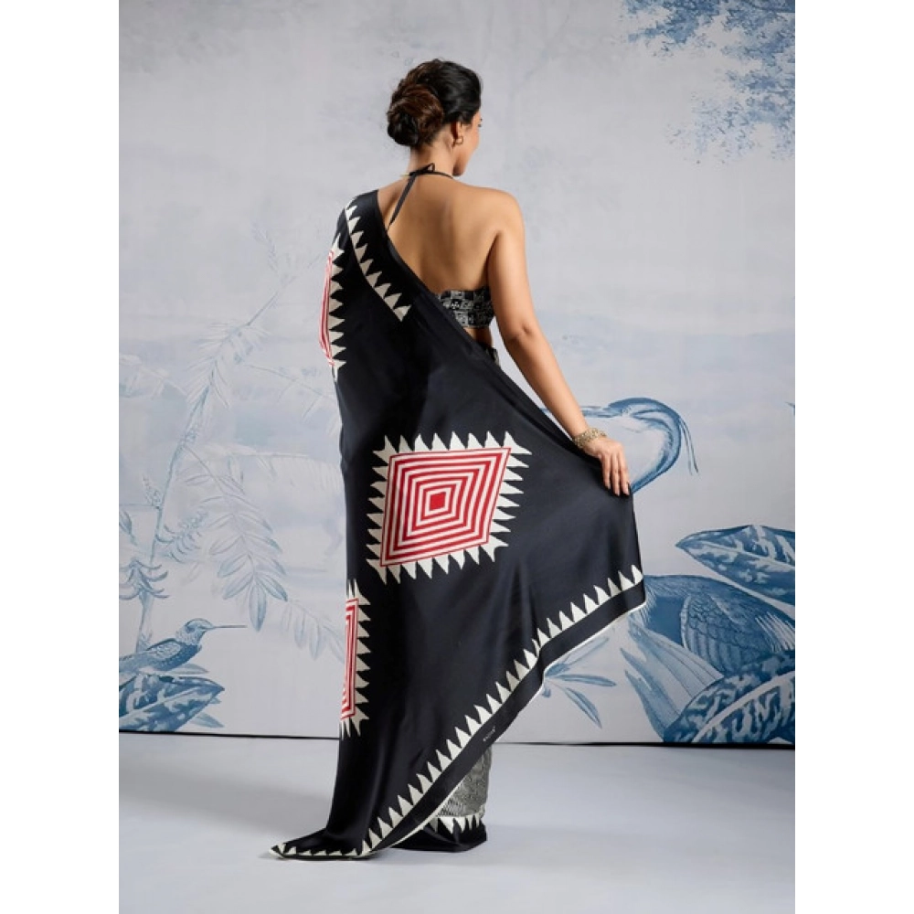 Generic Women's Satin Crepe Printed Saree With Unstitched Blouse 5.5Mtr (Black)