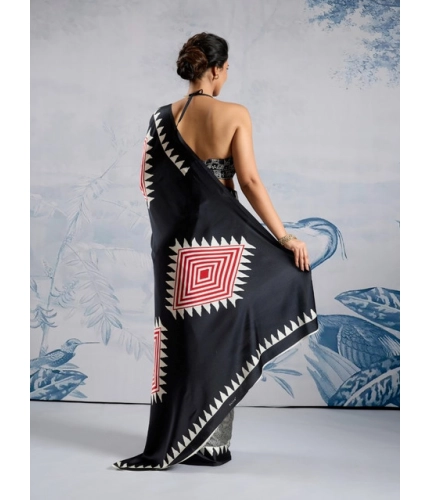 Generic Women's Satin Crepe Printed Saree With Unstitched Blouse 5.5Mtr (Black)