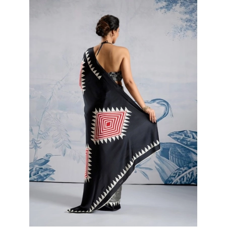 Generic Women's Satin Crepe Printed Saree With Unstitched Blouse 5.5Mtr (Black)