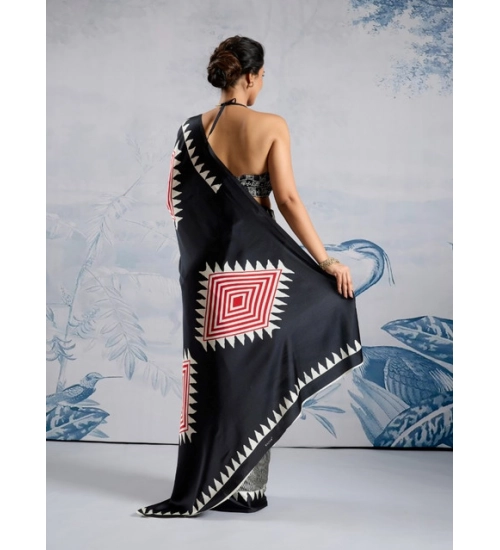 Generic Women's Satin Crepe Printed Saree With Unstitched Blouse 5.5Mtr (Black)
