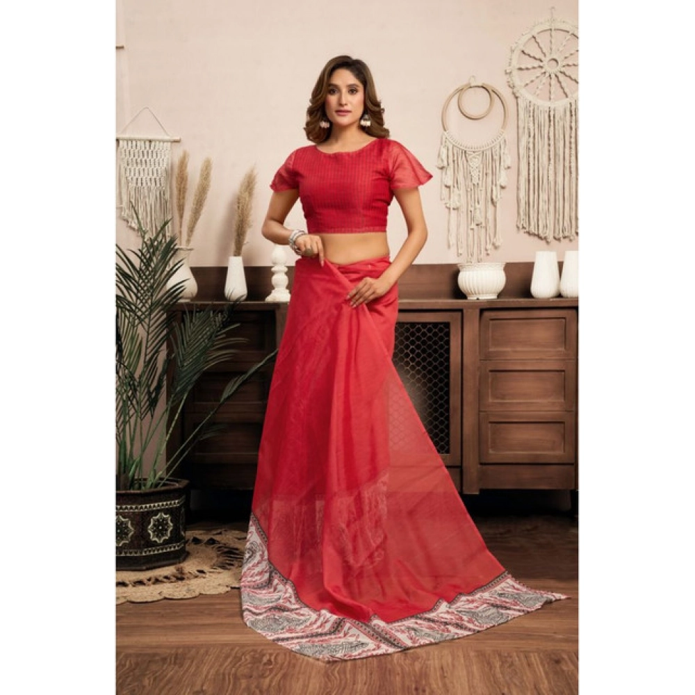 Generic Women's Linen Cotton Printed Ready To Wear Saree With Unstitched Blouse 5.5 Mtr (Red)