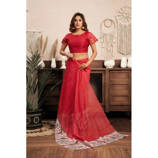 Generic Women's Linen Cotton Printed Ready To Wear Saree With Unstitched Blouse 5.5 Mtr (Red)