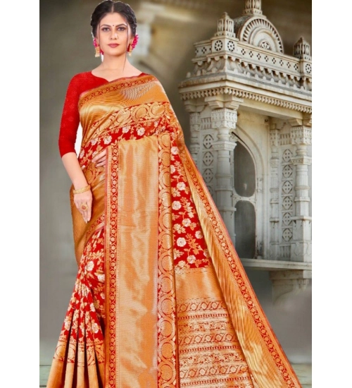 Generic Women's Litchi silk Printed Saree With Unstitched Blouse (Red)