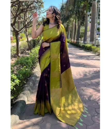 Generic Women's Soft Lichi Silk Printed Saree With Unstitched Blouse 5.5Mtr (Purple)