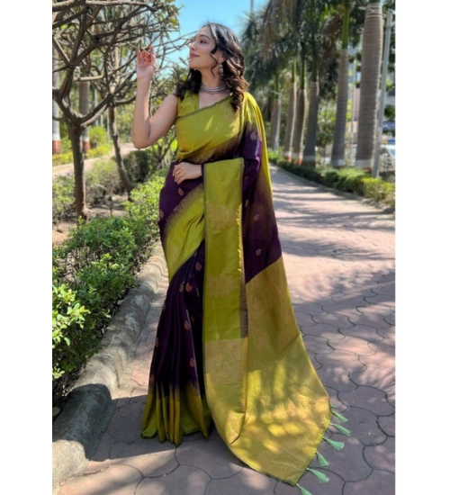 Generic Women's Soft Lichi Silk Printed Saree With Unstitched Blouse 5.5Mtr (Purple)