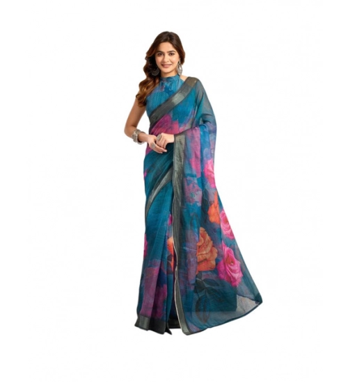 Generic Women's Faux_Linen Printed Ready-to-Wear Saree With Unstitched Blouse 5.5 Mtr (Teal)