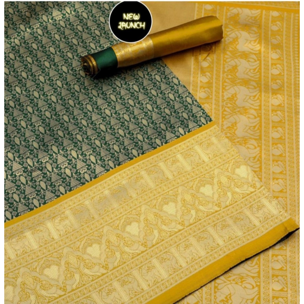 Generic Women's Soft Litchi Silk Jacquard Work Saree With Unstitched Blouse 5.5Mtr ( Mustard Yellow)