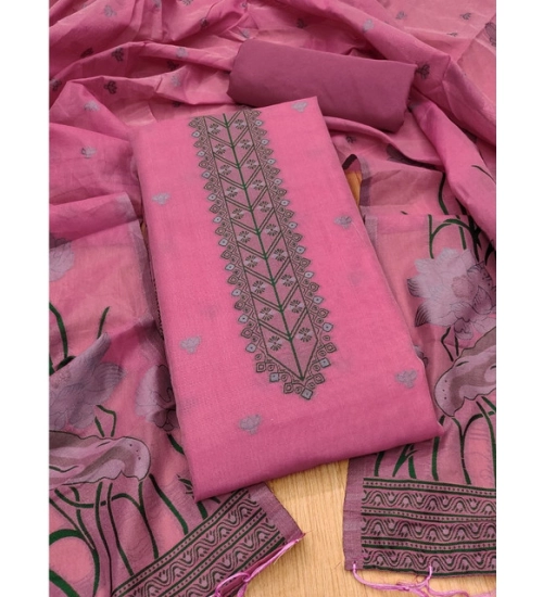 Generic Women's Banarasi Silk Printed Unstitched Salwar Suit Material With Dupatta (Pink, 3Mtrs)