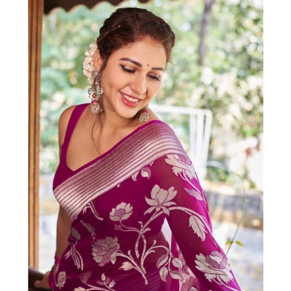 Generic Women's Soft Lichi Silk Printed Saree With Unstitched Blouse 5.5Mtr (Purple)