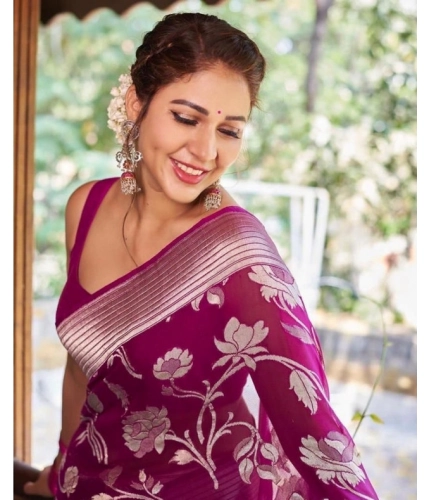 Generic Women's Soft Lichi Silk Printed Saree With Unstitched Blouse 5.5Mtr (Purple)