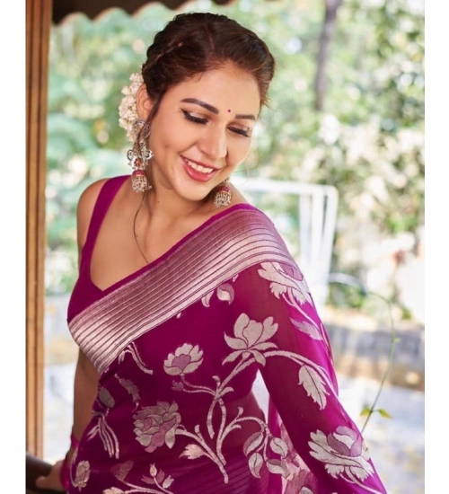 Generic Women's Soft Lichi Silk Printed Saree With Unstitched Blouse 5.5Mtr (Purple)