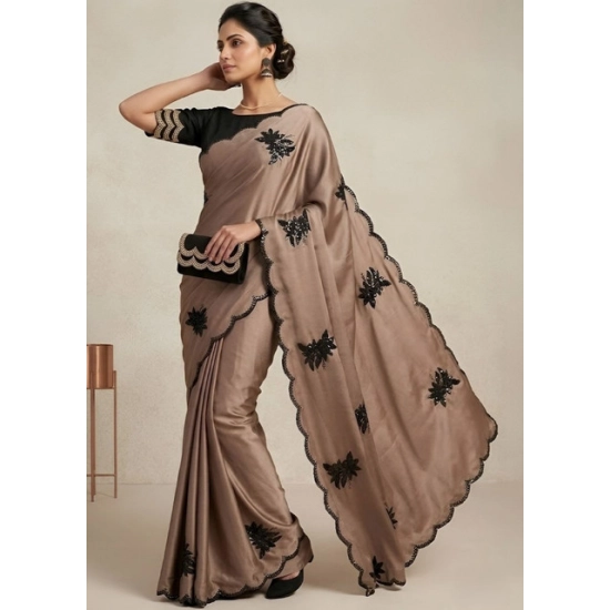 Generic Women's Viscose Silk Embroidered Saree With Unstitched Blouse 5.5Mtr (Beige)