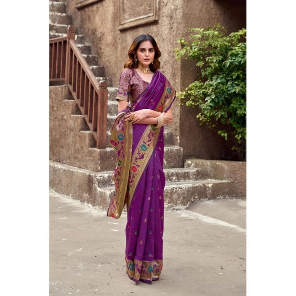 Generic Women's Silk Blend Woven Saree With Unstitched Blouse 5.5 Mtr (Purple)