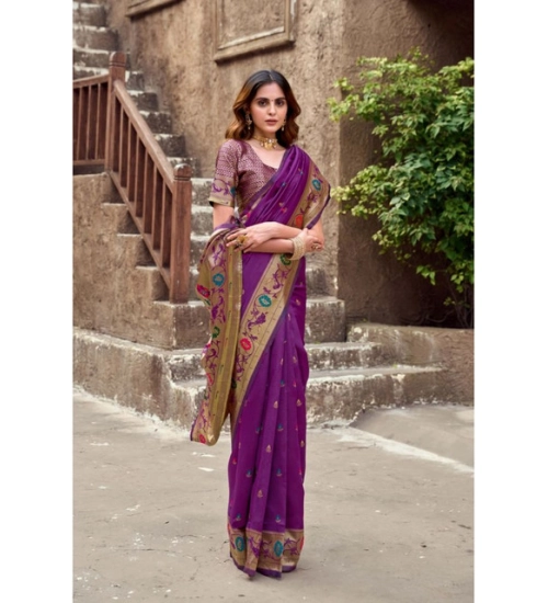 Generic Women's Silk Blend Woven Saree With Unstitched Blouse 5.5 Mtr (Purple)