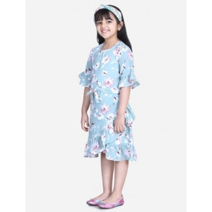 Generic Girl's Polyester Crepe Floral Bell Sleeve Dress (Turquoise Blue)