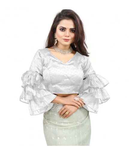 Generic Women's Organza Solid V Neck Layered Ruffle Sleeve Readymade Blouse (White Free Size , up to 38–40 Bust)-PID65859