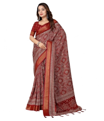 Generic Women's Cotton Silk Printed Saree With Unstitched Blouse 5.5Mtr (Maroon)