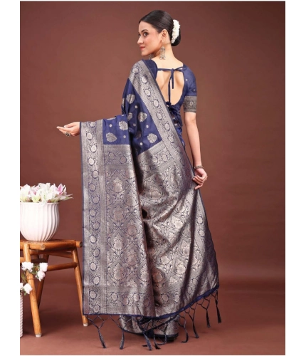 Generic Women's Banarasi Silk Printed Saree With Unstitched Blouse 5.5Mtr (Navy Blue)