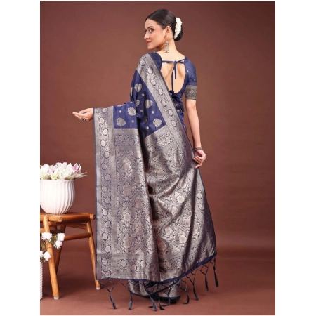 Generic Women's Banarasi Silk Printed Saree With Unstitched Blouse 5.5Mtr (Navy Blue)