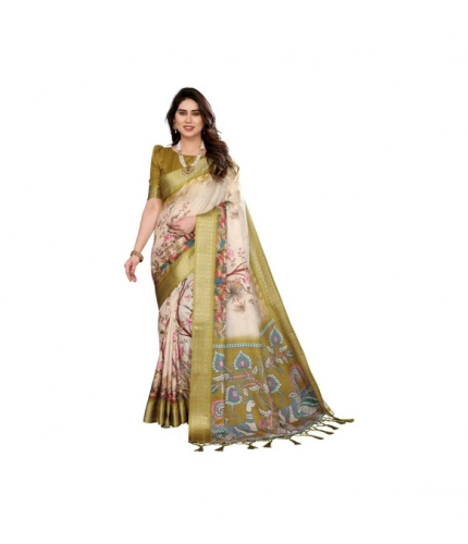 Generic Women's Cotton Silk  Printed Saree With Unstitched Blouse 5.5Mtr (Olive Green)
