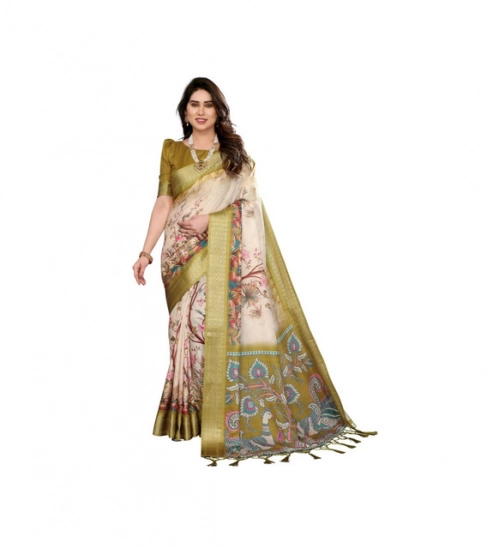 Generic Women's Cotton Silk  Printed Saree With Unstitched Blouse 5.5Mtr (Olive Green)