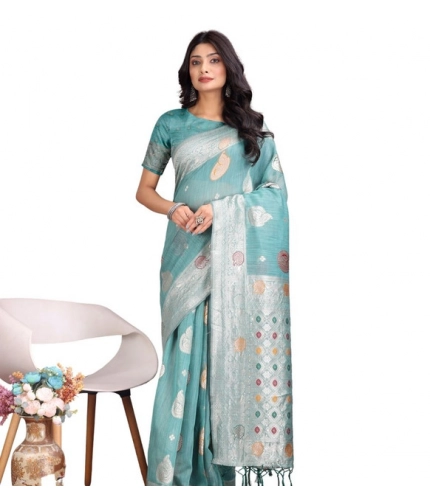 Generic Women's Linen Cotton Printed Saree With Unstitched Blouse 5.5Mtr (Sea Green)