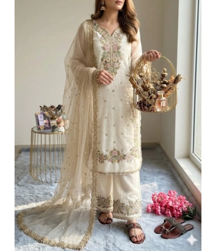 Generic Women's Silk Embroidered 3/4th Sleeve Round Kurti With Palazzo Pant and Dupatta Set (White)