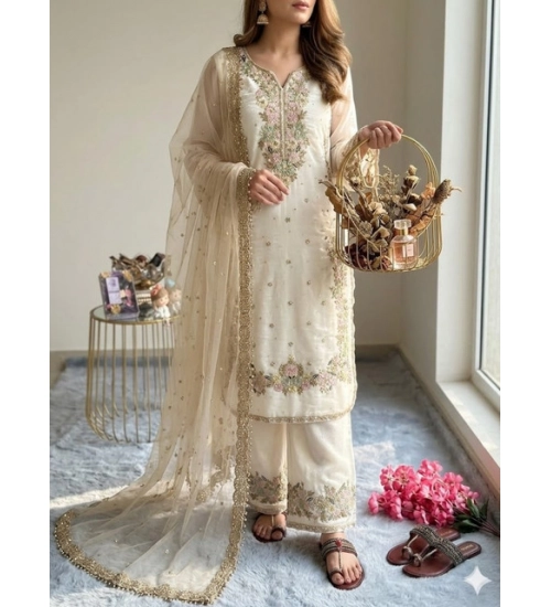 Generic Women's Silk Embroidered 3/4th Sleeve Round Kurti With Palazzo Pant and Dupatta Set (White) Generic Women's Silk Embroidered 3/4th Sleeve Round Kurti With Palazzo Pant and Dupatta Set (White)