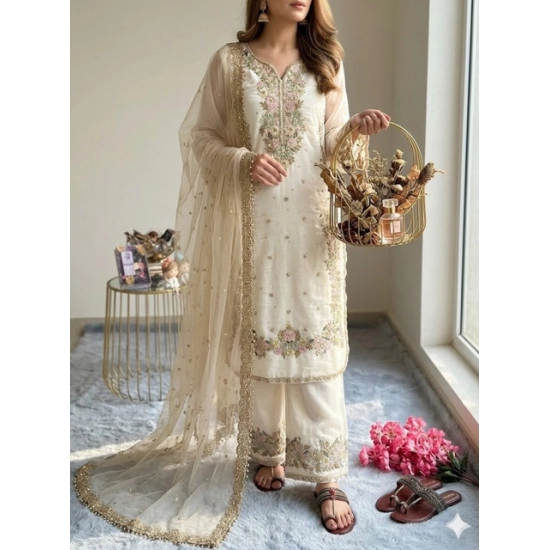 Generic Women's Silk Embroidered 3/4th Sleeve Round Kurti With Palazzo Pant and Dupatta Set (White) Generic Women's Silk Embroidered 3/4th Sleeve Round Kurti With Palazzo Pant and Dupatta Set (White)