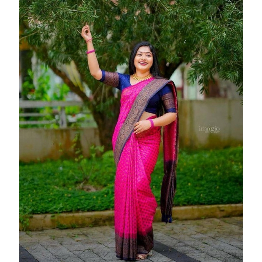 Generic Women's Soft Lichi Silk Printed Saree With Unstitched Blouse 5.5Mtr (Pink)