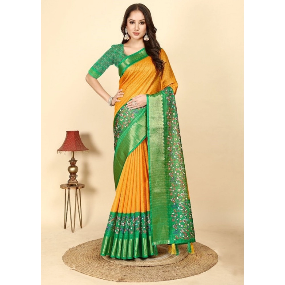 Women’s Cotton Silk Printed Saree With Unstitched Blouse 5.5Mtr (Yellow Green)