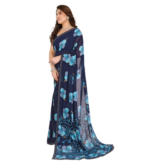 Generic Women's Georgette Printed Saree With Unstitched Blouse 5.5Mtr (Navy Blue)