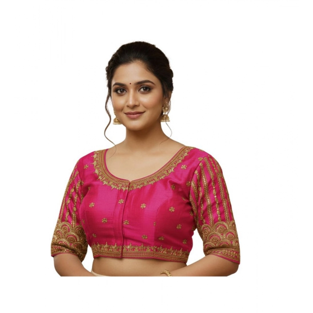 Women's Phantom Silk Embroidered Designer Neck Padded Blouse (Pink 38 Ready (Alterable up to 42)
