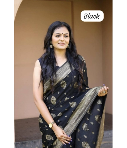 Generic Women's Soft Lichi Silk Printed Saree With Unstitched Blouse 5.5Mtr (Black)