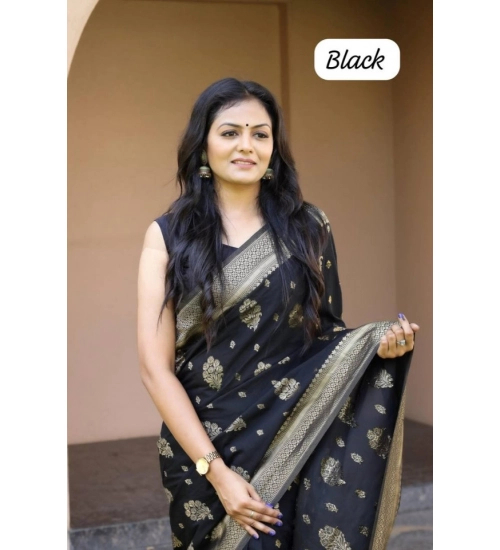 Generic Women's Soft Lichi Silk Printed Saree With Unstitched Blouse 5.5Mtr (Black)
